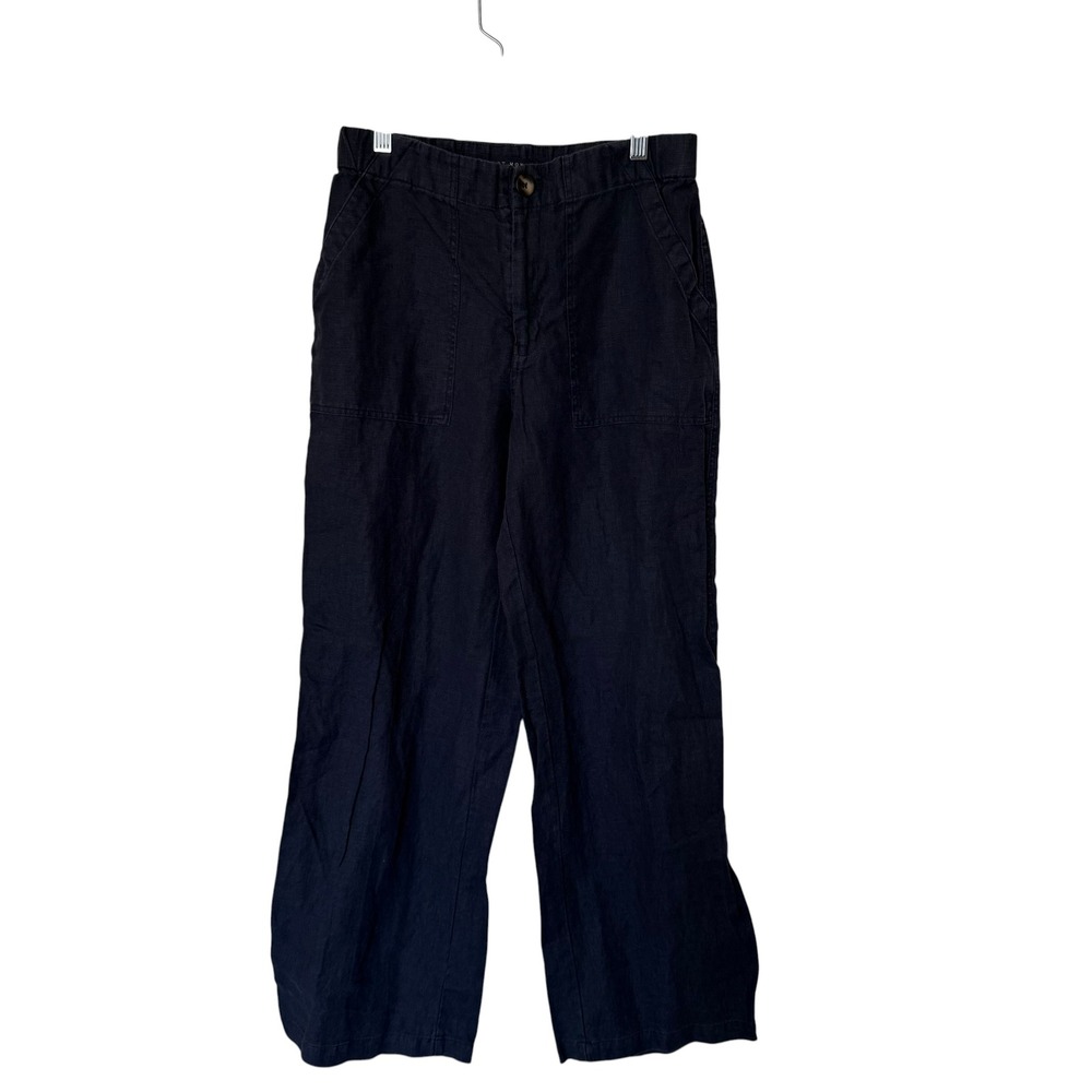 Not Monday Pants Women Small Navy Blue Exc. 100% Linen Wide Leg Patch‎ Pocket